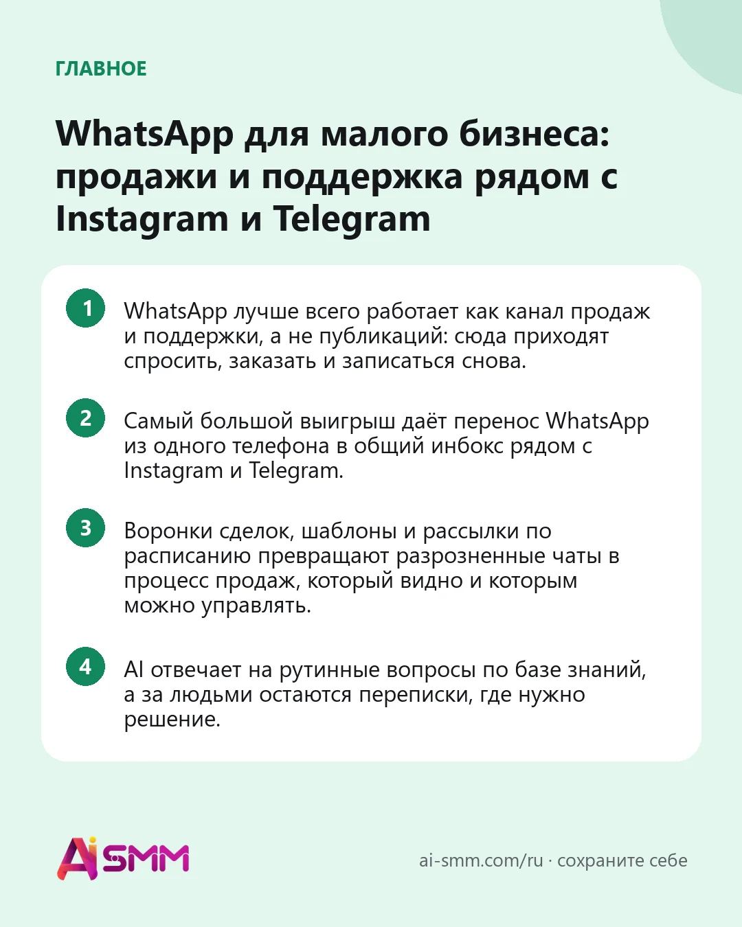 Главное: WhatsApp для малого бизнеса: продажи и поддержка рядом с Instagram и Telegram